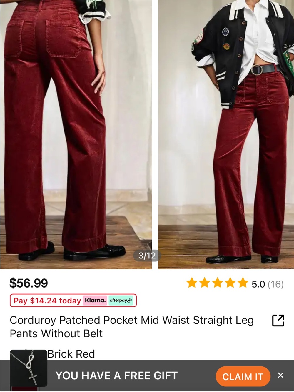 Flamingals Brick Red Corduroy Mid-Rise Straight Leg Pants - Size L